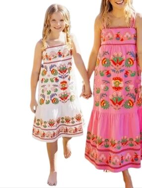J.Marie Girls' Floral Embroidered Tiered Adjustable Straps Cotton Dress Size 14